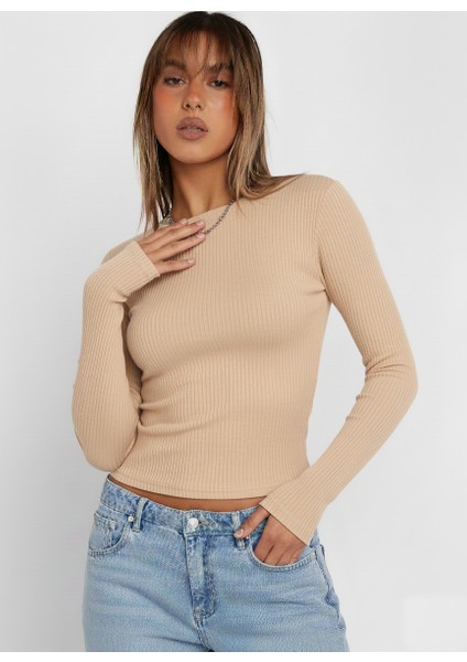 Bisiklet Yaka Uzun Kollu Fitilli Crop Bluz