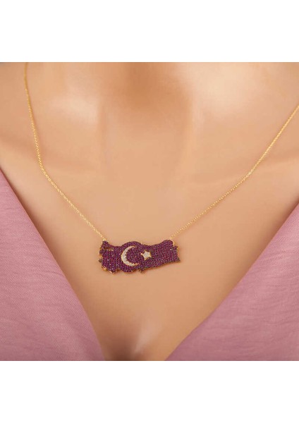 925 Ayar Gümüş Ay Yıldız Türkiye Haritası Kadın Kolye T7370 (972972)