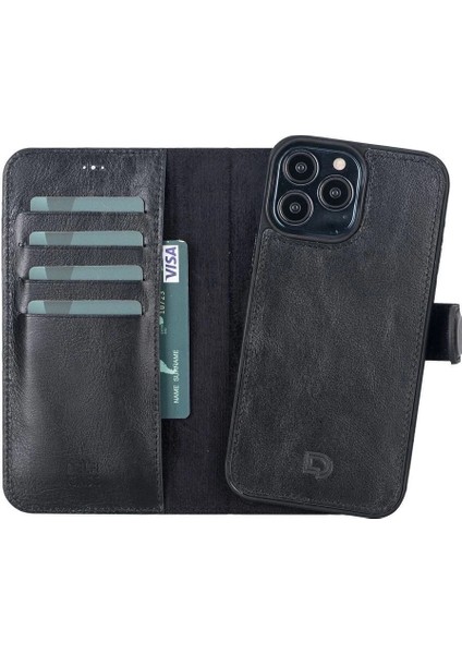 Apple iPhone 13 Pro Max Uyumlu Deri Cüzdanlı Kılıf Rustik Siyah
