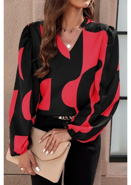 V Yaka Desenli Modal Bluz - Pembe