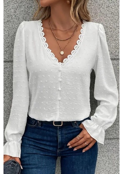 V Yaka Önden Düğmeli Bluz - Beyaz