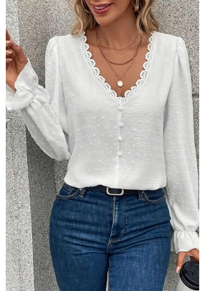 V Yaka Önden Düğmeli Bluz - Beyaz fiyatları
