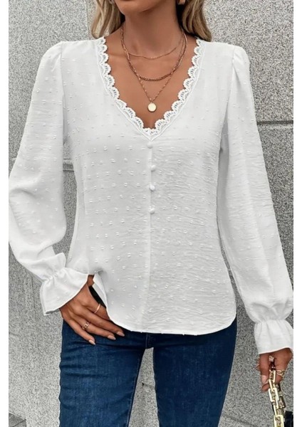V Yaka Önden Düğmeli Bluz - Beyaz modelleri