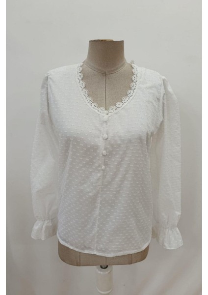 V Yaka Önden Düğmeli Bluz - Beyaz fırsatları