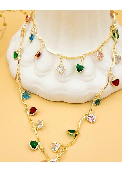 Kalp Detaylı Renkli Taşlı Y Kolye fiyatları