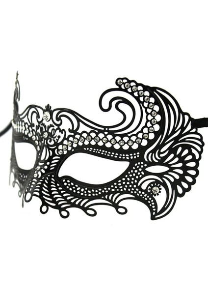 Siyah Lazer Kesim Kristal Taşlı Metal Venedik Maskesi