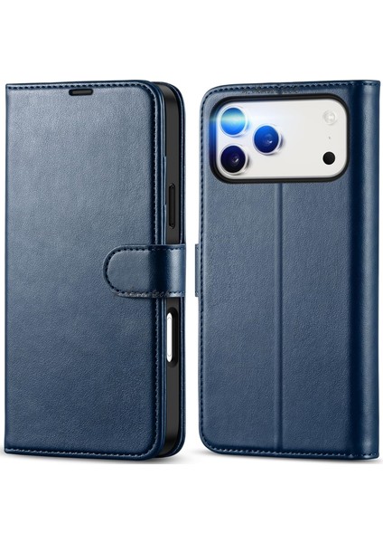 iPhone 17 Pro Max Kılıf 360 Tam Kaplar Deri Dokulu Kapaklı Cüzdan Standlı Kartvizitli Kopçalı Kapak Kartlıklı