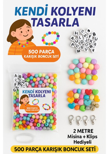 500 Parça Karışık Boncuk Seti + 2 Metre Misina + Klips Hediyeli + Boyanabilir Takı Kutusu Seçenekli