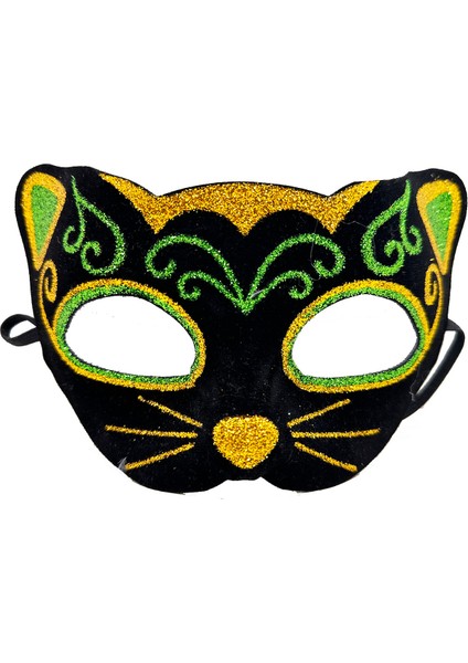 Siyah Kadife Kaplama Üzeri Sarı Yeşil Sim Işlemeli Kedi Maskesi 20X13 cm (5224)