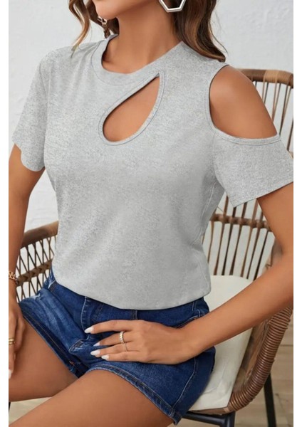 Damla Yaka Omuz Dekolteli Viskon Bluz Gri