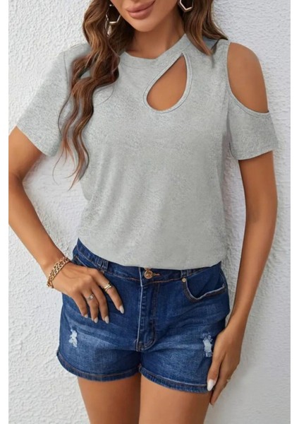 Damla Yaka Omuz Dekolteli Viskon Bluz Gri fiyatları