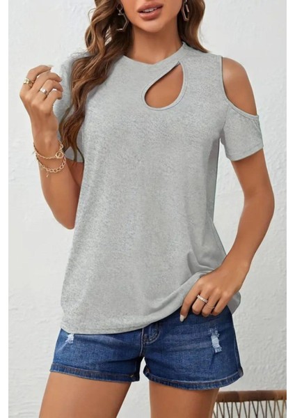 Damla Yaka Omuz Dekolteli Viskon Bluz Gri modelleri