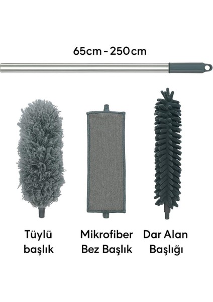 3 Başlıklı Uzun Saplı Mikrofiber Temizlik Seti – Yüksek ve Dar Alanlar Için Ideal