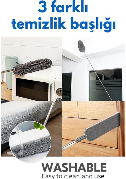 3 Başlıklı Uzun Saplı Mikrofiber Temizlik Seti – Yüksek ve Dar Alanlar Için Ideal modelleri