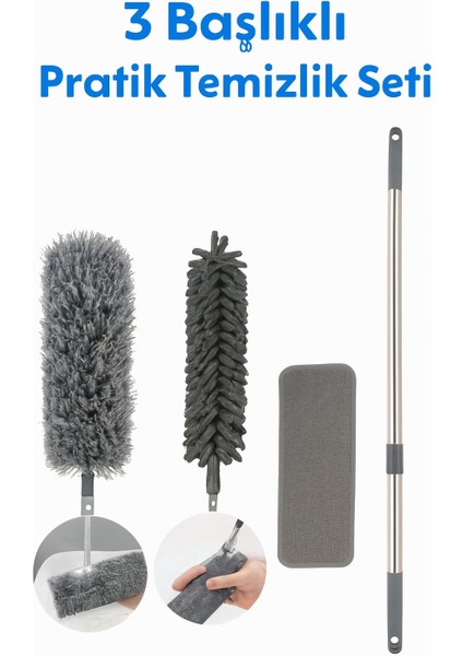 3 Başlıklı Uzun Saplı Mikrofiber Temizlik Seti – Yüksek ve Dar Alanlar Için Ideal