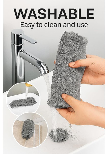 3 Başlıklı Uzun Saplı Mikrofiber Temizlik Seti – Yüksek ve Dar Alanlar Için Ideal