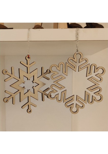 Beyaz Ahşap Yılbaşı Çam Ağacı Süsleri, 6 Parça, 3 Figür, Kar Tanesi Detayları modelleri