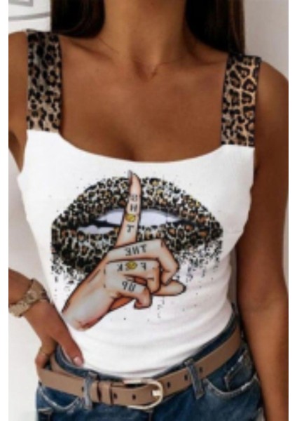 Kalın Askılı Leopar Baskılı Mikro Kumaş Bluz - Beyaz