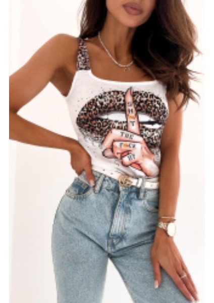 Kalın Askılı Leopar Baskılı Mikro Kumaş Bluz - Beyaz fiyatları