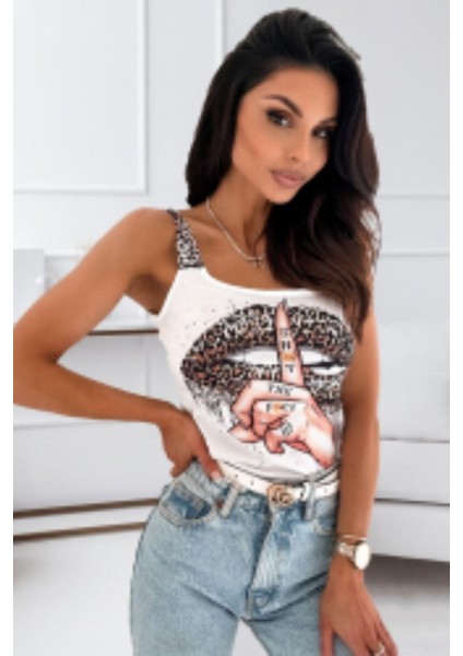 Kalın Askılı Leopar Baskılı Mikro Kumaş Bluz - Beyaz modelleri