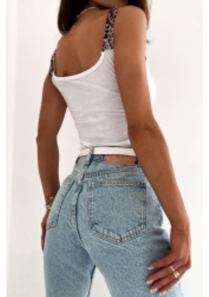 Kalın Askılı Leopar Baskılı Mikro Kumaş Bluz - Beyaz fırsatları