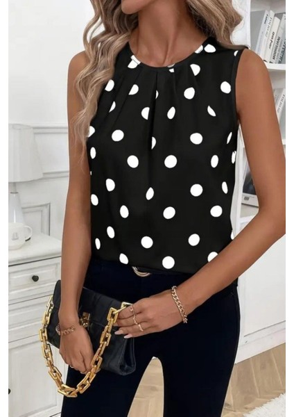 Puantiye Desenli Kolsuz Atlas Bluz - Siyah