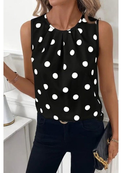 Puantiye Desenli Kolsuz Atlas Bluz - Siyah fiyatları