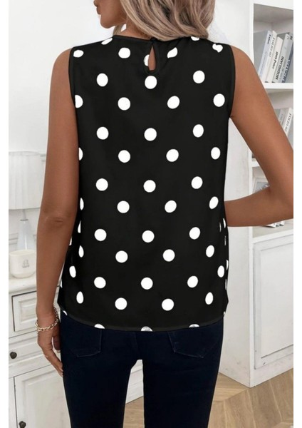 Puantiye Desenli Kolsuz Atlas Bluz - Siyah modelleri