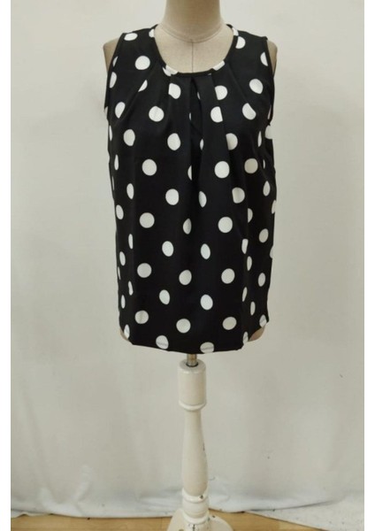 Puantiye Desenli Kolsuz Atlas Bluz - Siyah fırsatları