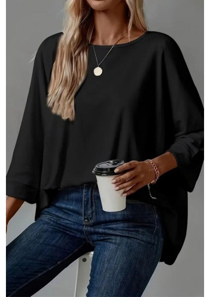 Salaş Kesim Geniş Bisiklet Yaka Viskon Bluz - Siyah