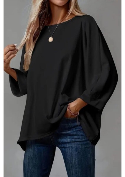 Salaş Kesim Geniş Bisiklet Yaka Viskon Bluz - Siyah modelleri
