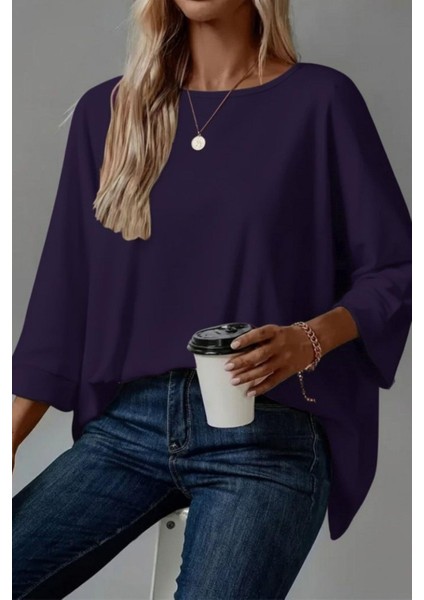Salaş Kesim Geniş Bisiklet Yaka Viskon Bluz - Mor