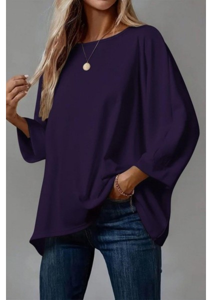 Salaş Kesim Geniş Bisiklet Yaka Viskon Bluz - Mor fiyatları