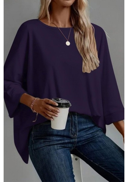 Salaş Kesim Geniş Bisiklet Yaka Viskon Bluz - Mor modelleri