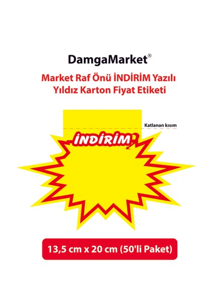 Market Raf Önü Indirim Yazılı Yıldız Karton Etiketi 13,5 cm x 20 cm (50'li Paket)