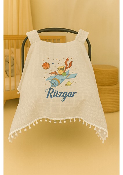 Kişiye Özel Astronot ve Uzay Temalı Puset Örtüsü - Isimli Bebek Araba Örtüsü