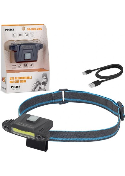 Police PS-1930 USB Şarjlı Cob LED Şapka Feneri