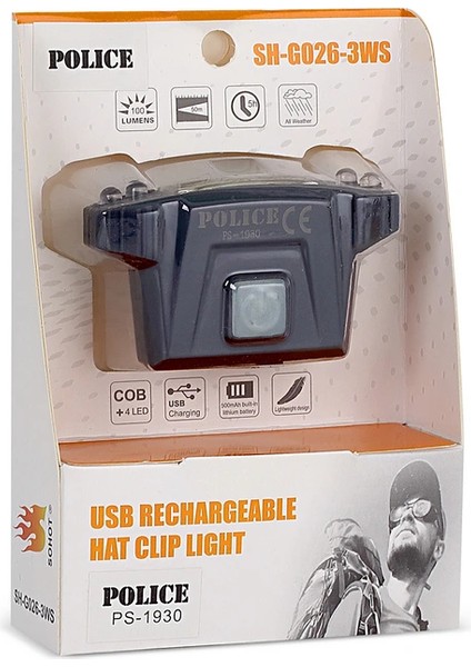 Police PS-1930 USB Şarjlı Cob LED Şapka Feneri