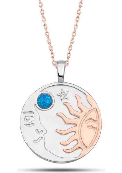 925 Ayar Gümüş Rose Opal Taşlı Ay Güneş Kadın Kolye T7613 (972972)