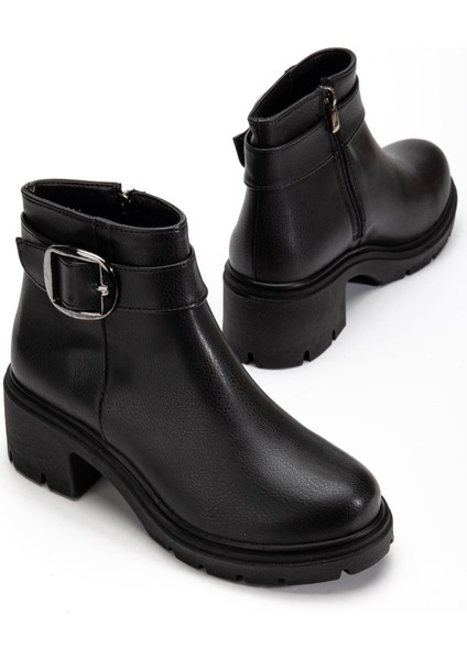 Kadın Topuklu Bot Siyah Suni Deri Yan Tokalı Kalın Taban