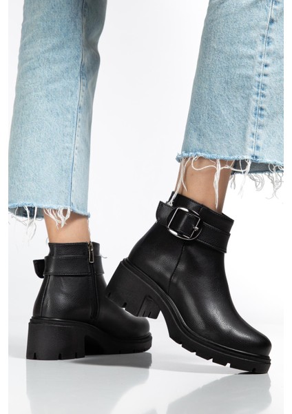 Kadın Topuklu Bot Siyah Suni Deri Yan Tokalı Kalın Taban fiyatları