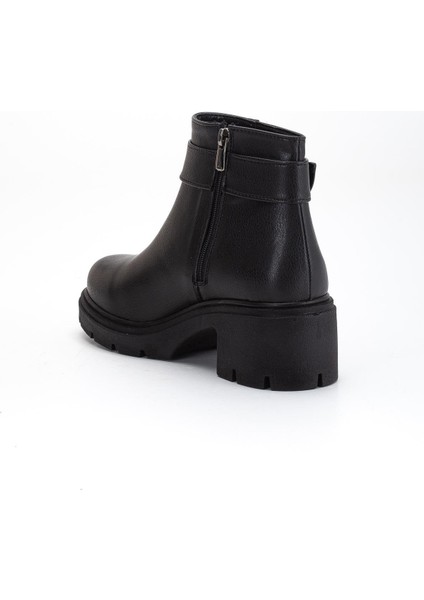 Kadın Topuklu Bot Siyah Suni Deri Yan Tokalı Kalın Taban indirimleri