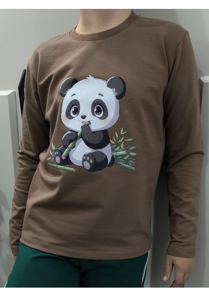Sevimli Panda Baskılı Pamuklu Unısex Uzun Kollu Tişört (Sweatshirt)