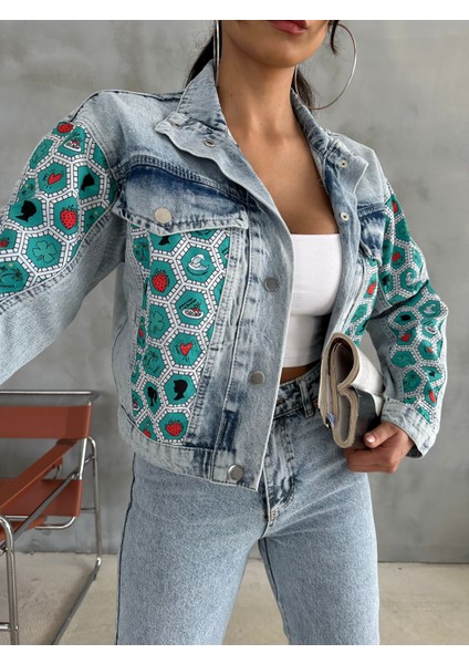 Heksagon Art Baskılı Kot Crop Ceket Jeanolog