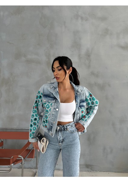 Heksagon Art Baskılı Kot Crop Ceket Jeanolog fiyatları