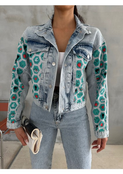 Heksagon Art Baskılı Kot Crop Ceket Jeanolog fırsatları