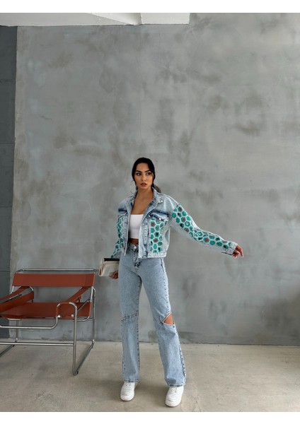 Heksagon Art Baskılı Kot Crop Ceket Jeanolog