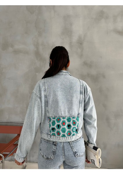 Heksagon Art Baskılı Kot Crop Ceket Jeanolog