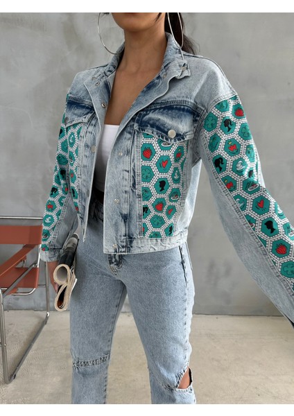 Heksagon Art Baskılı Kot Crop Ceket Jeanolog