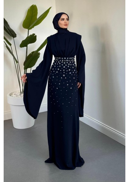 Valmera Taşlı Kolları Asimetrik Kesim Abiye Lacivert